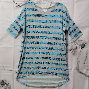 LuLaRoe Irma Tunic Top XS Gray Blue Black Floral Stripe Hi-Low Hem